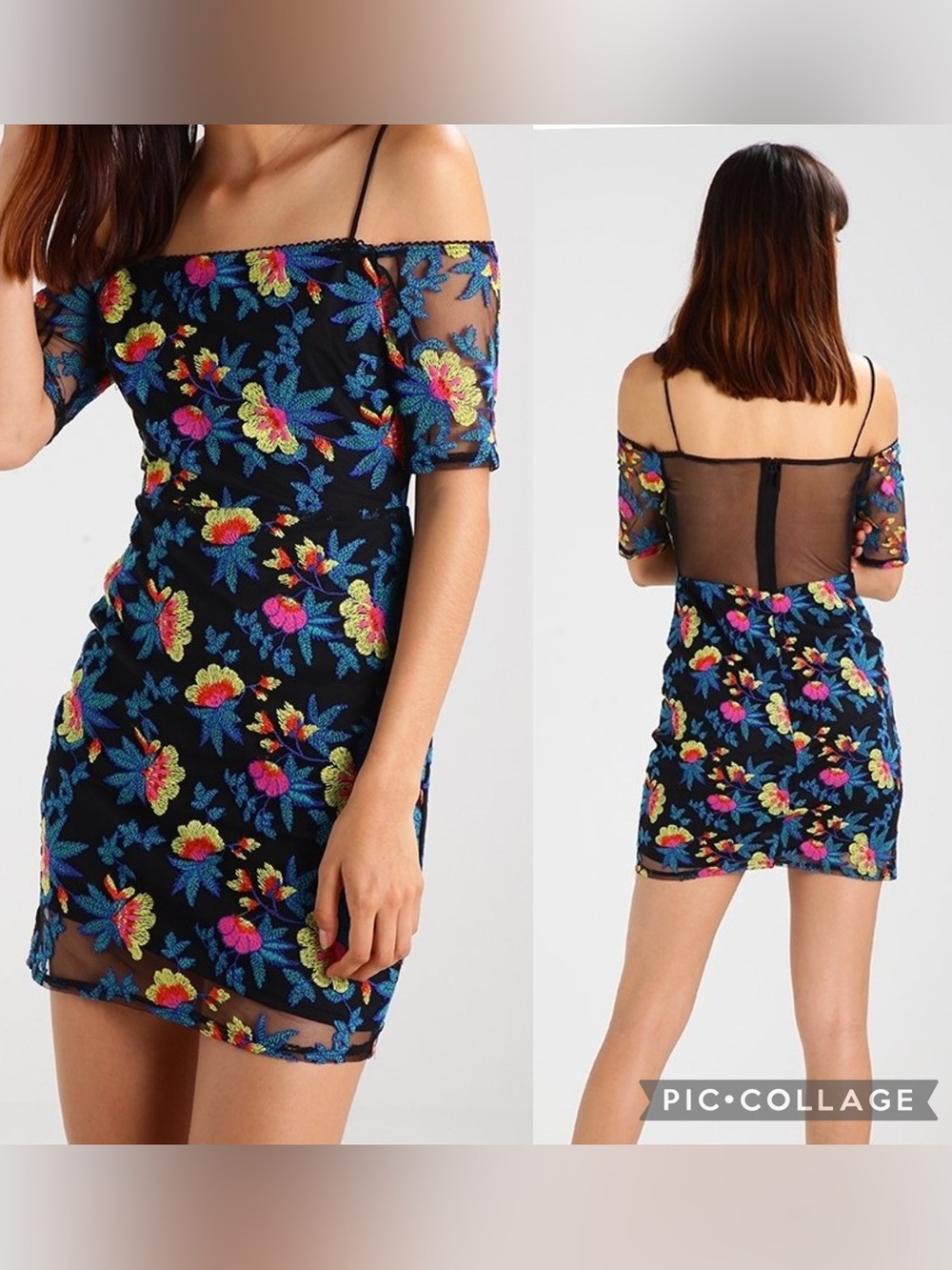 Topshop Bardot Black Floral Embroidered Off-Shoulder Mini Dress size 4
